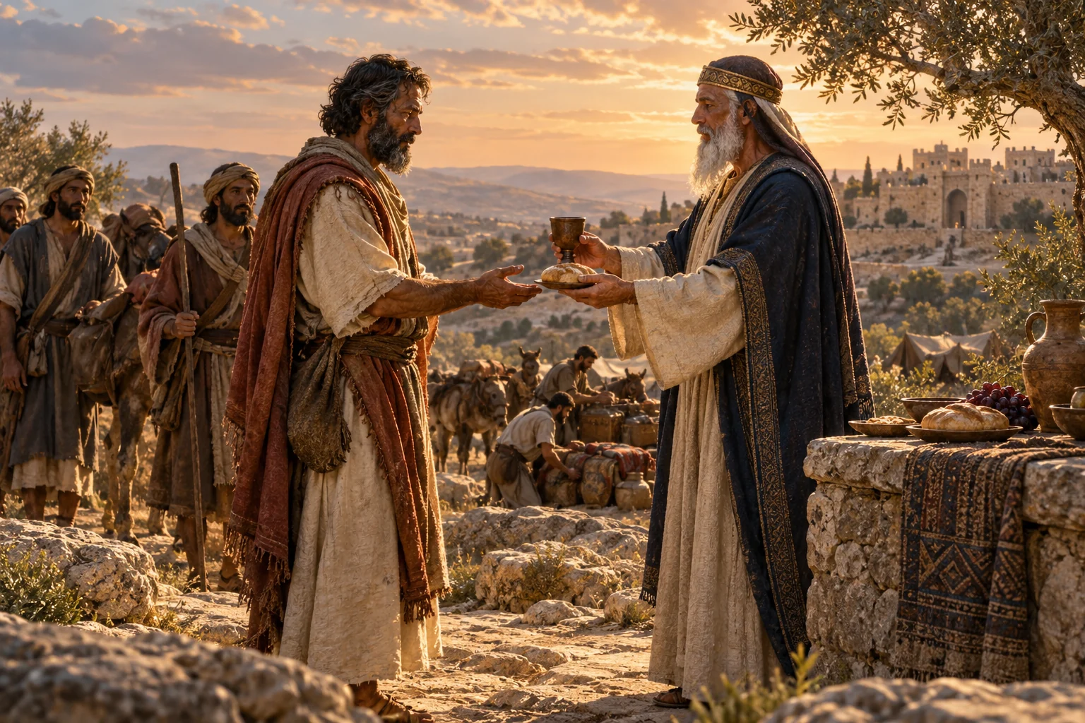 Abram receives bread and a cup from a dignified priest-king outside ancient Salem after the rescue.