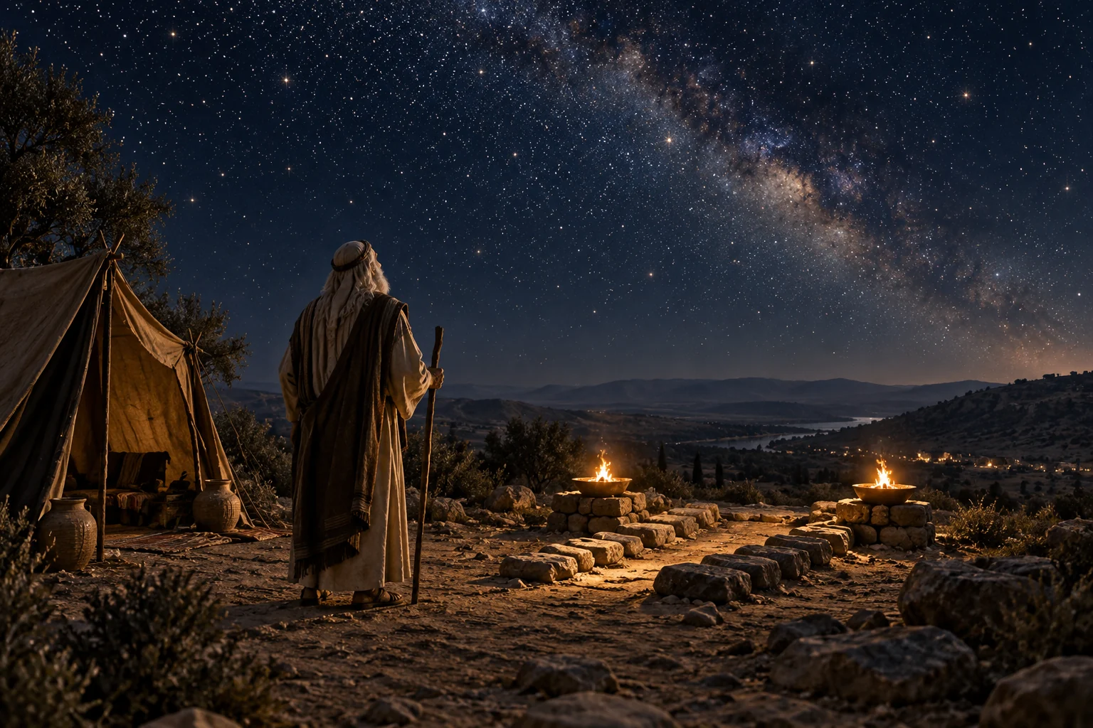 An elderly nomad stands beneath a vast star-filled sky beside his tent and a glowing ceremonial path.