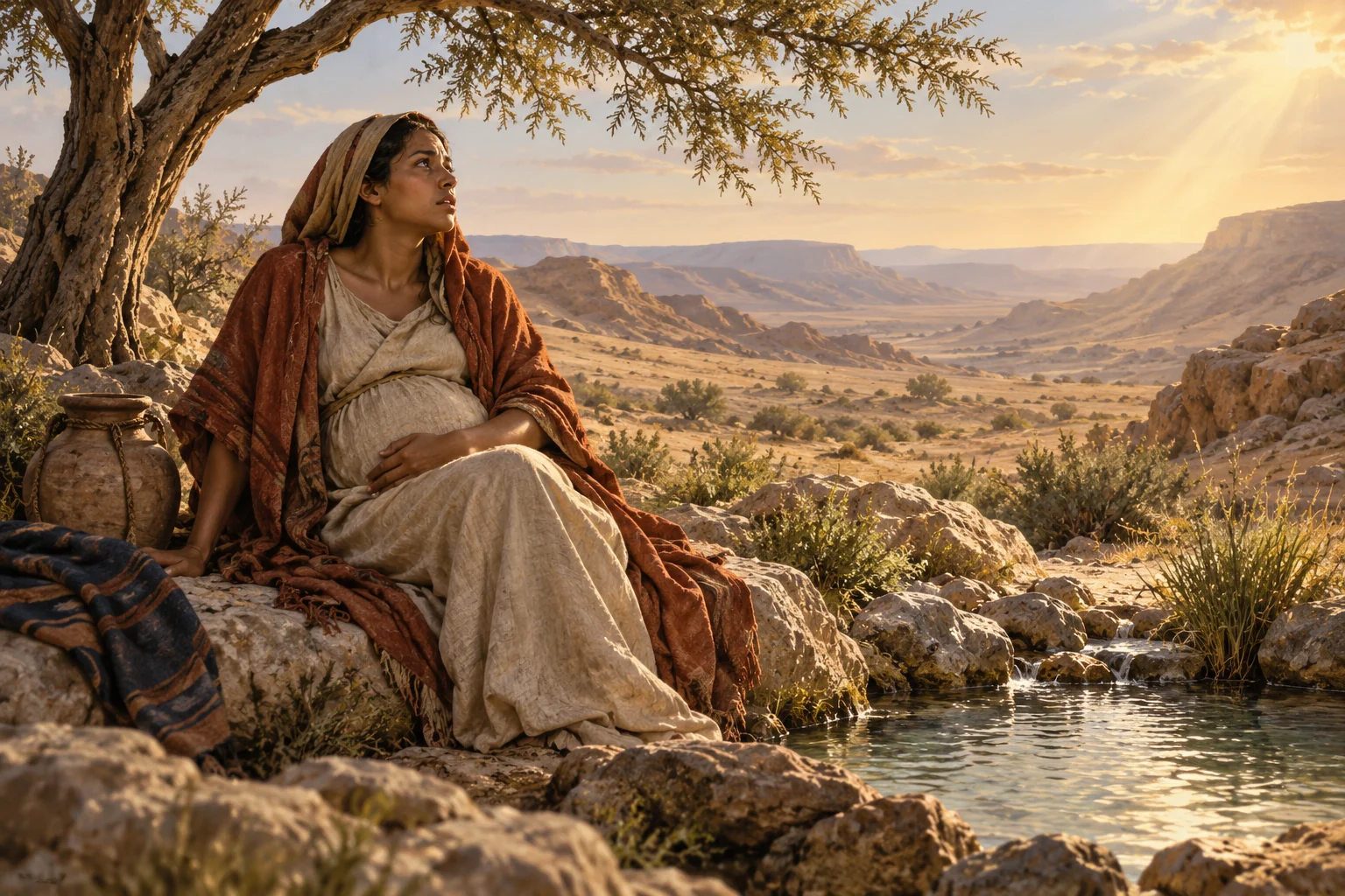 A pregnant traveler rests beside a wilderness spring beneath an acacia as morning light crosses the valley.
