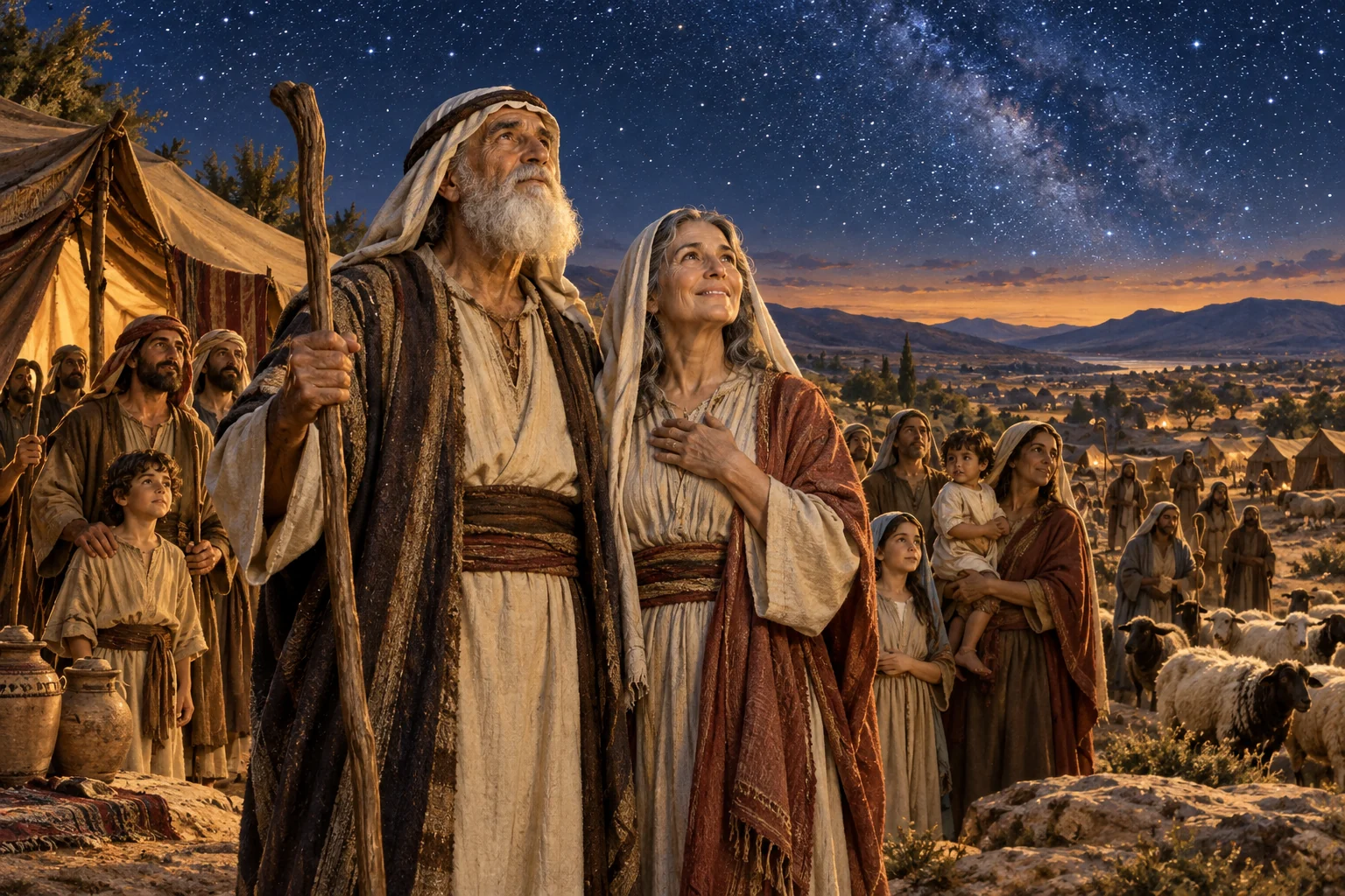 Abraham and Sarah look toward a star-filled sky while their household gathers among tents and flocks.
