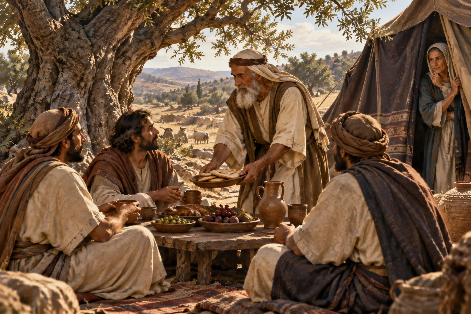 Abraham serves bread to three travelers beneath a great tree while Sarah watches from the tent entrance.