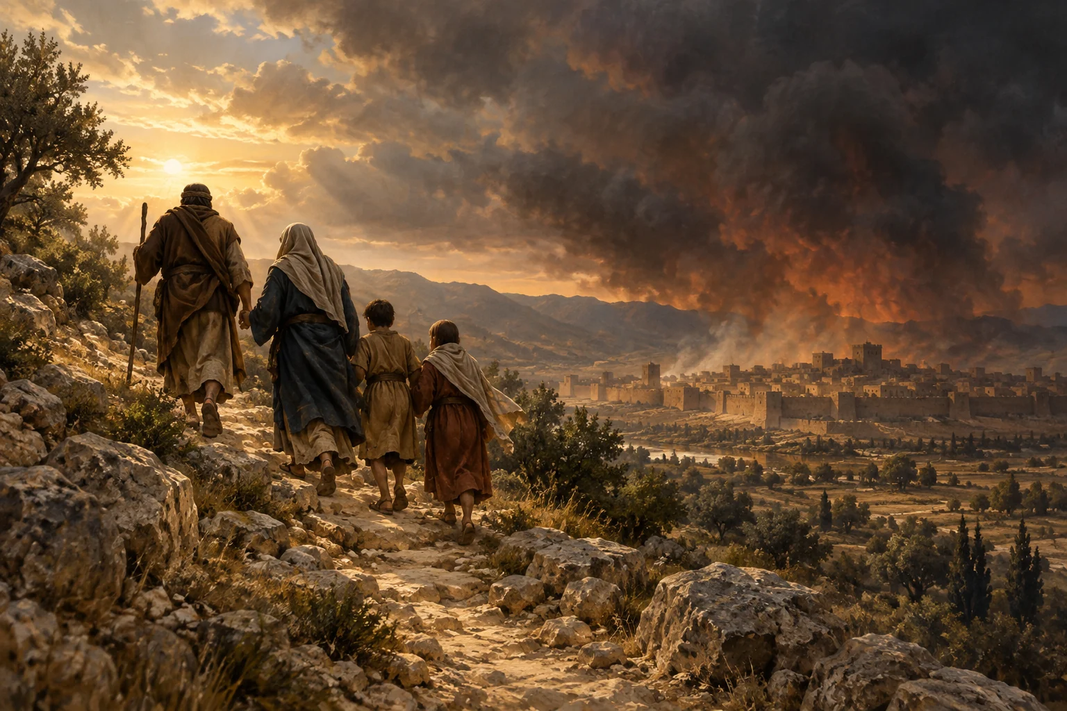 A family climbs a rocky path at dawn while smoke rises over an ancient valley city behind them.