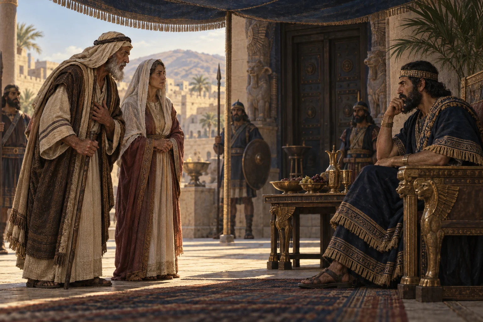 An elderly nomadic couple stands before a seated ancient king in a shaded royal court.