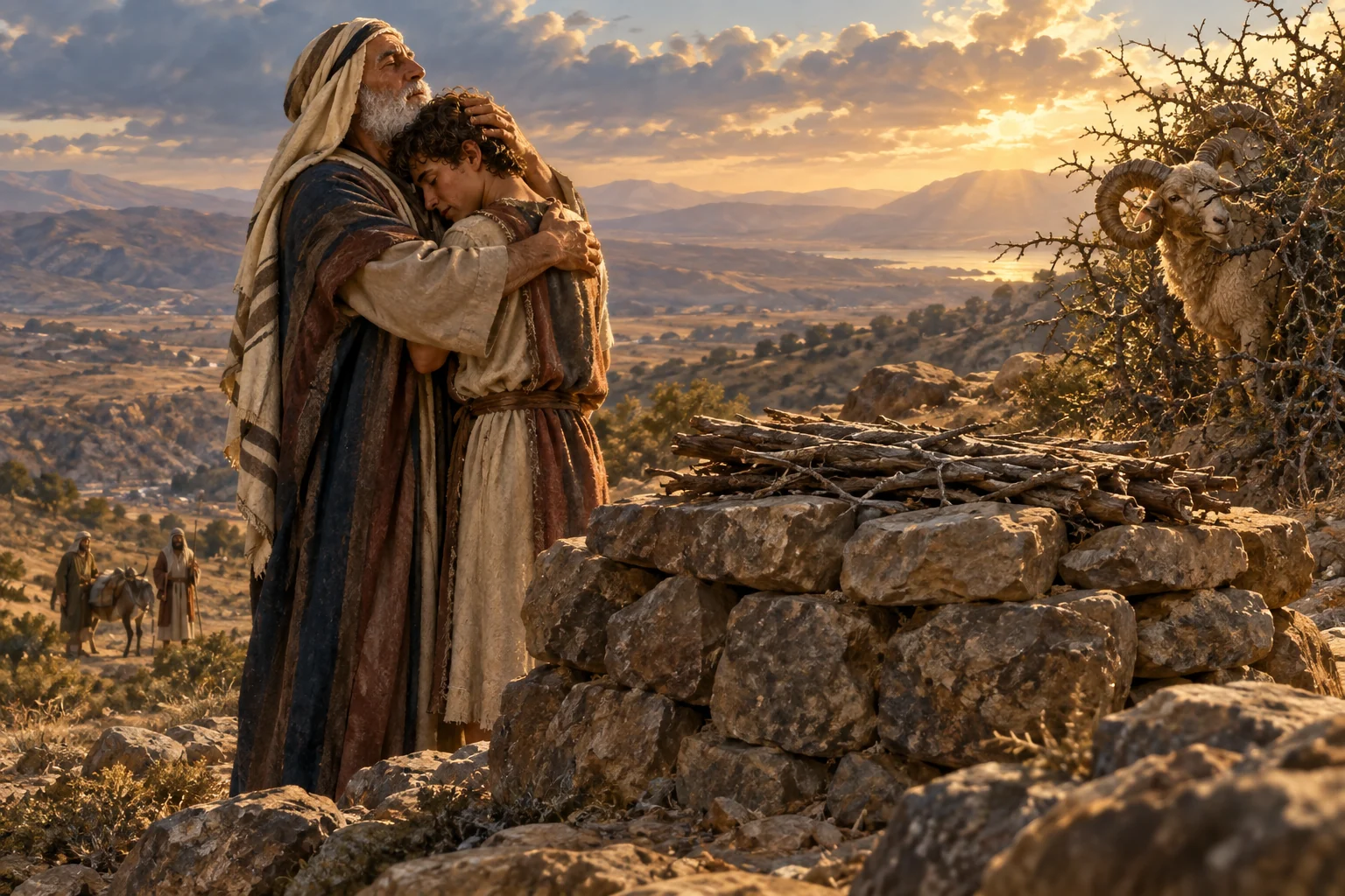 Abraham embraces adolescent Isaac beside an unlit stone altar as a ram stands caught in a nearby thicket.