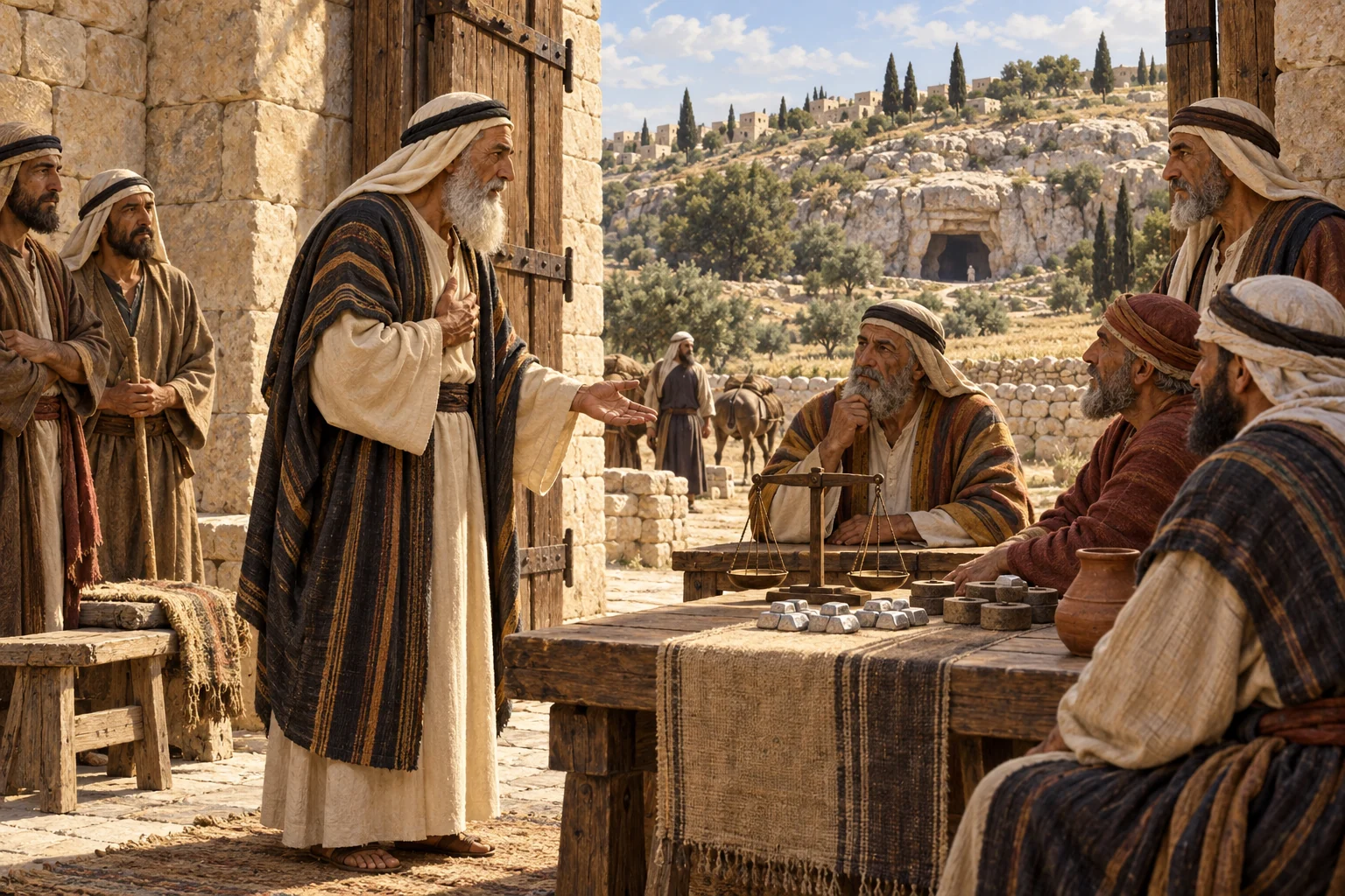 Abraham negotiates with local elders at a city gate as balance weights and the cave of Machpelah remain in view.