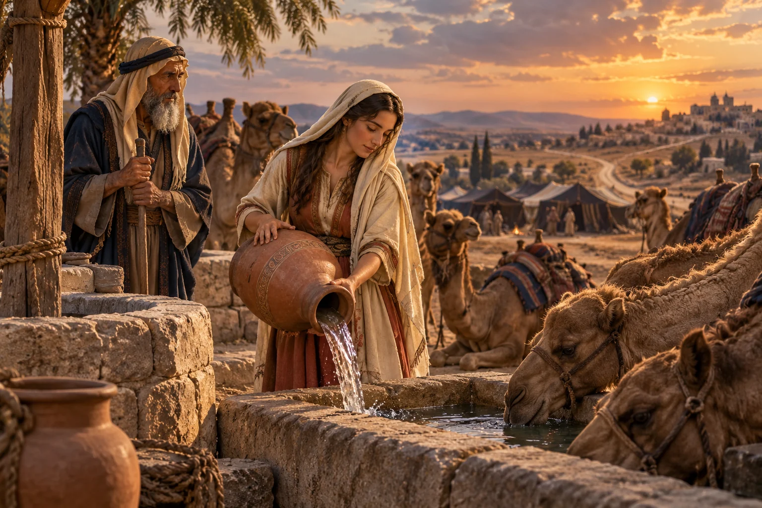 Rebekah pours water into a stone trough while Abraham’s servant and resting camels watch at sunset.