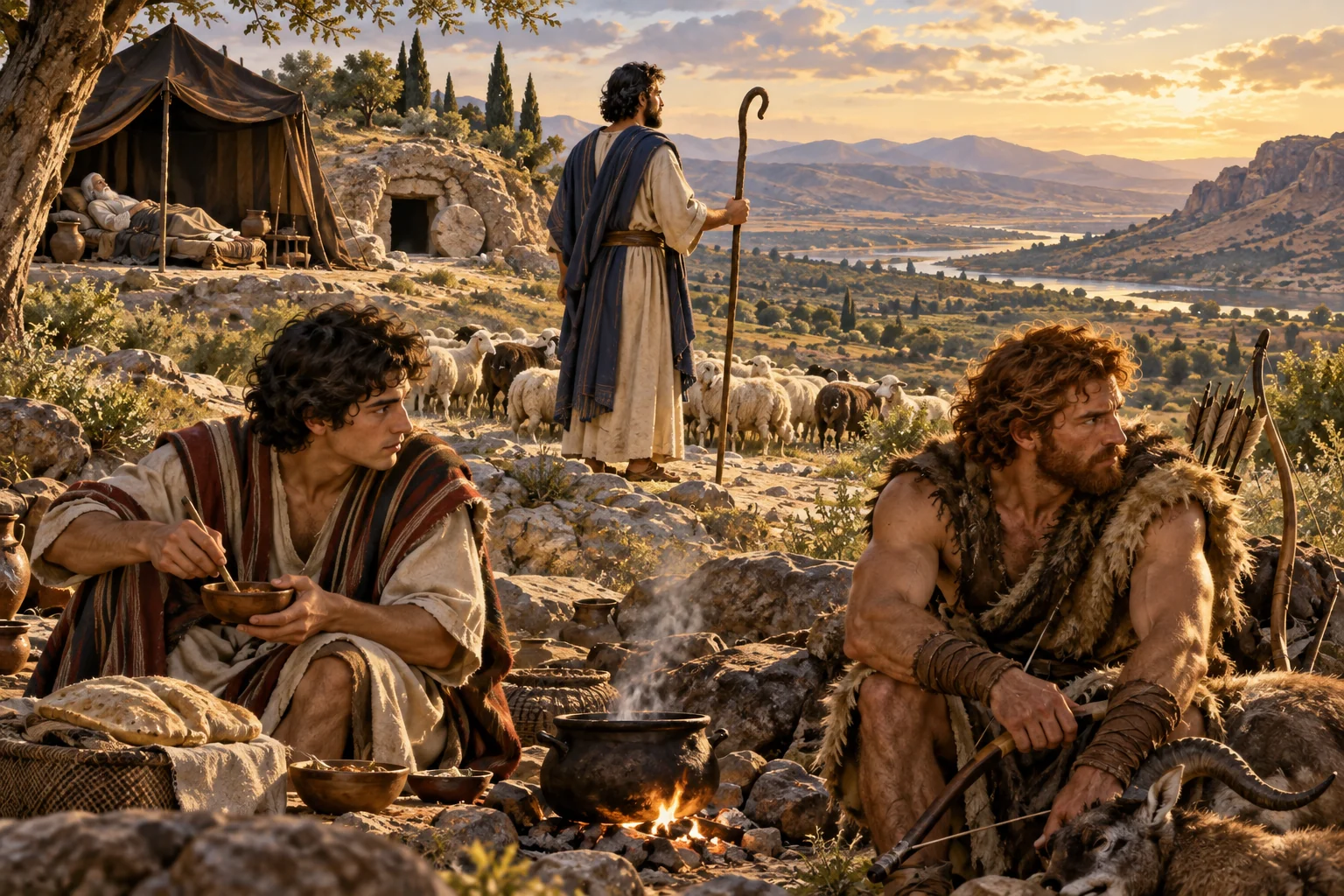 Isaac surveys the covenant landscape while Jacob cooks and Esau returns from hunting near Abraham’s tent.