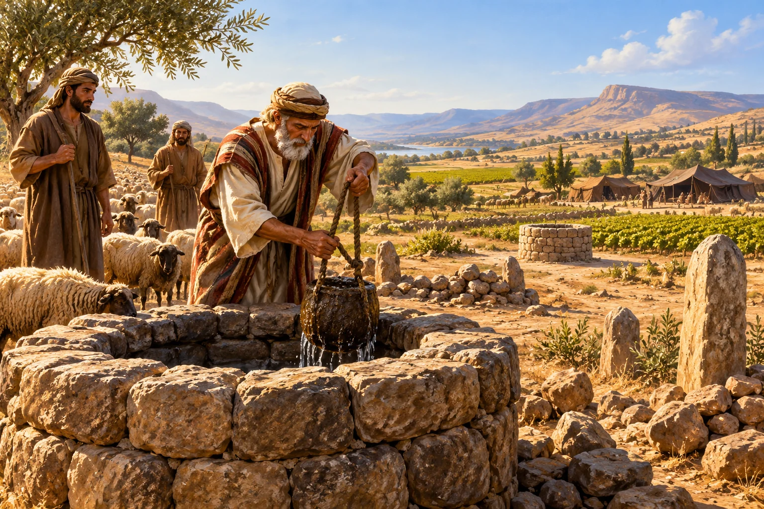 Isaac draws water from a reopened stone well as herders, flocks, tents, and cultivated fields fill the landscape.