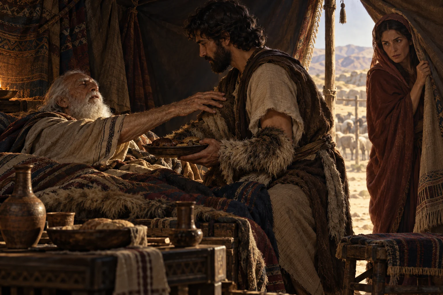Elderly Isaac reaches toward Jacob in a dim tent while Rebekah watches from the entrance.