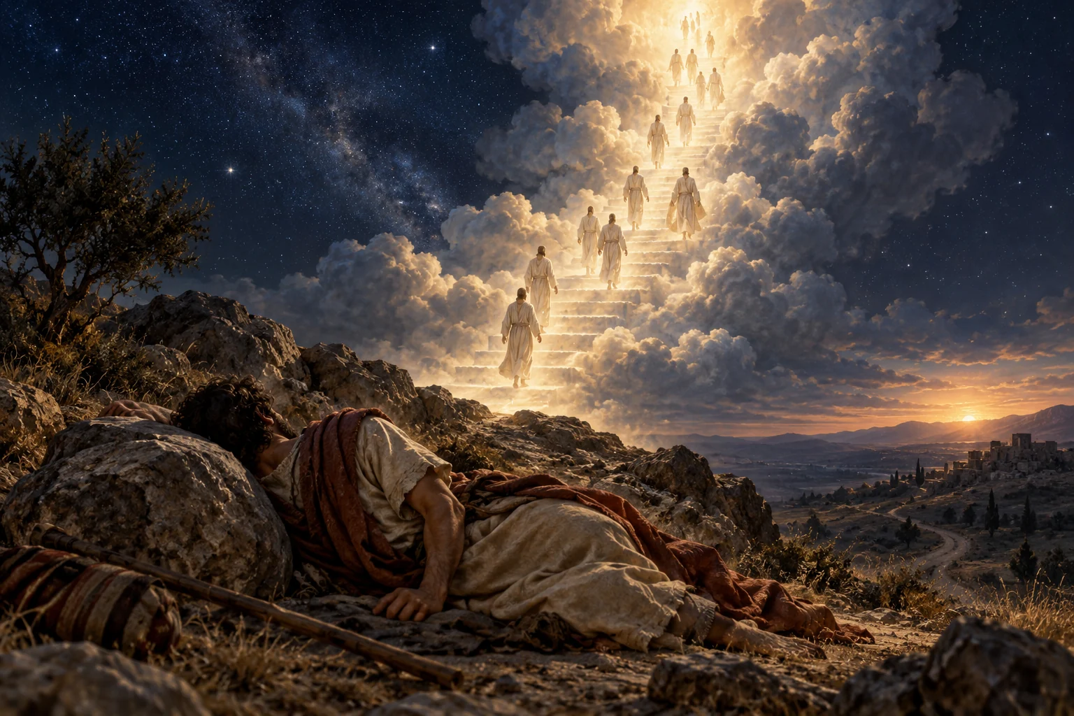 Jacob sleeps beside a stone while a luminous stairway filled with messengers rises into the night sky.