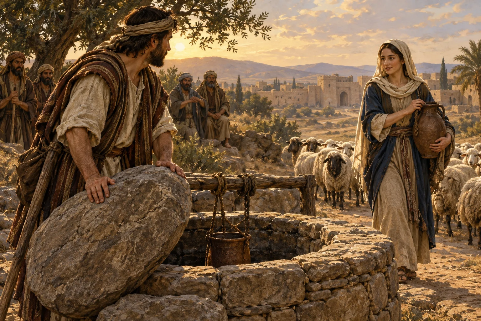 Jacob moves the well’s stone as Rachel approaches with sheep outside an ancient city at sunset.
