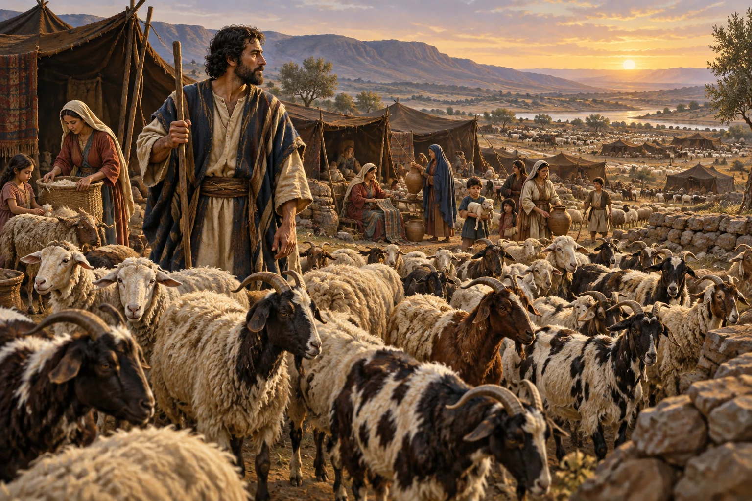 Jacob stands among patterned goats and sheep before a growing family encampment in a fertile valley.