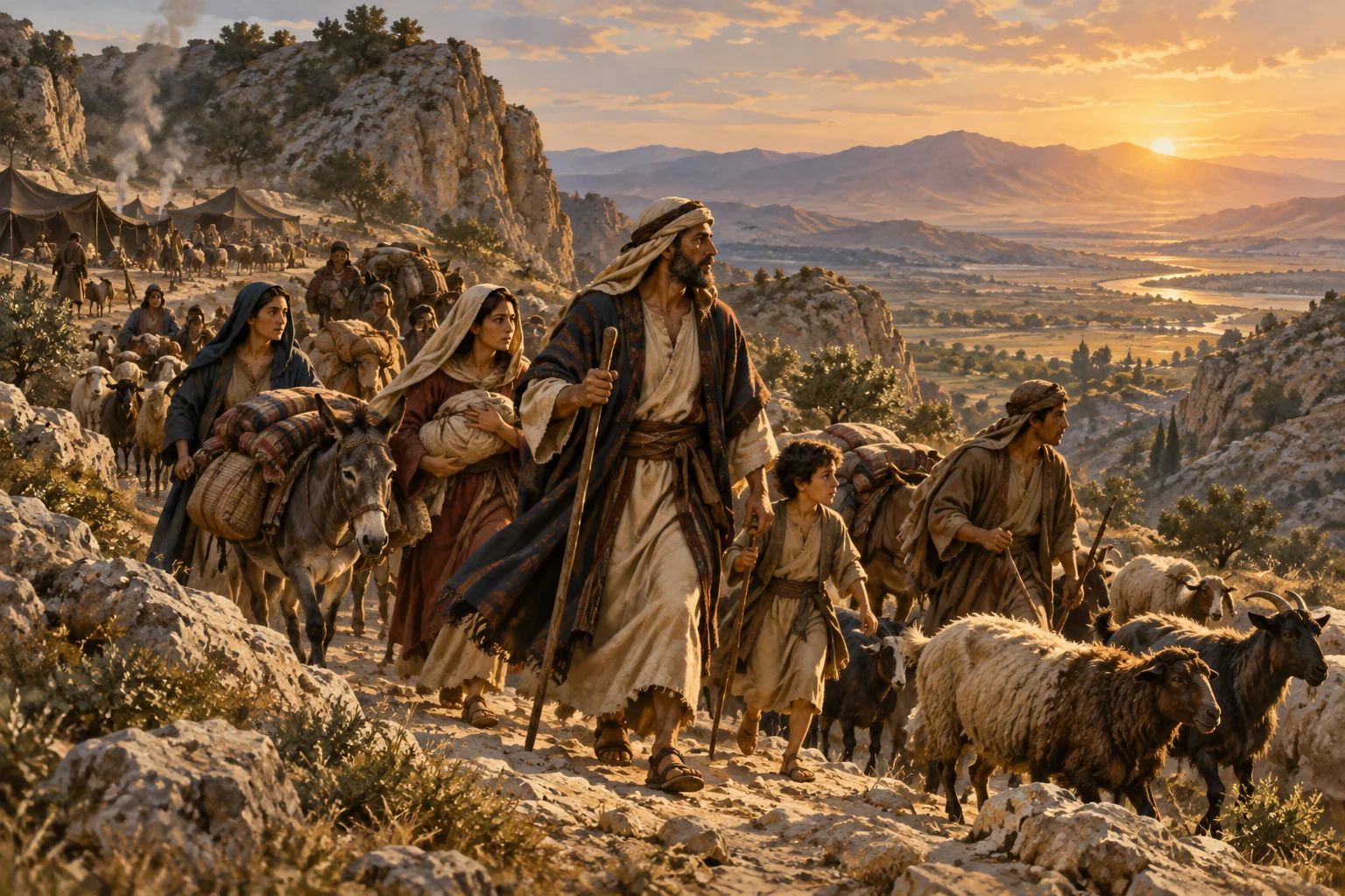 Jacob leads his household, flocks, and pack animals through a rocky highland pass toward a sunlit valley.