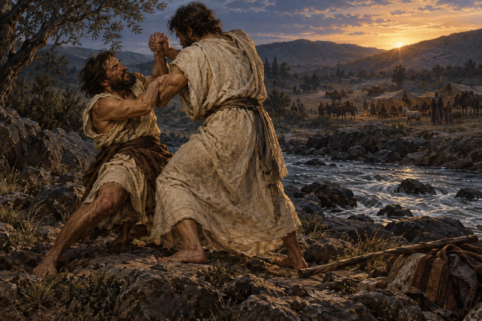 Jacob wrestles a mysterious man beside the Jabbok at dawn while his distant camp waits across the river.