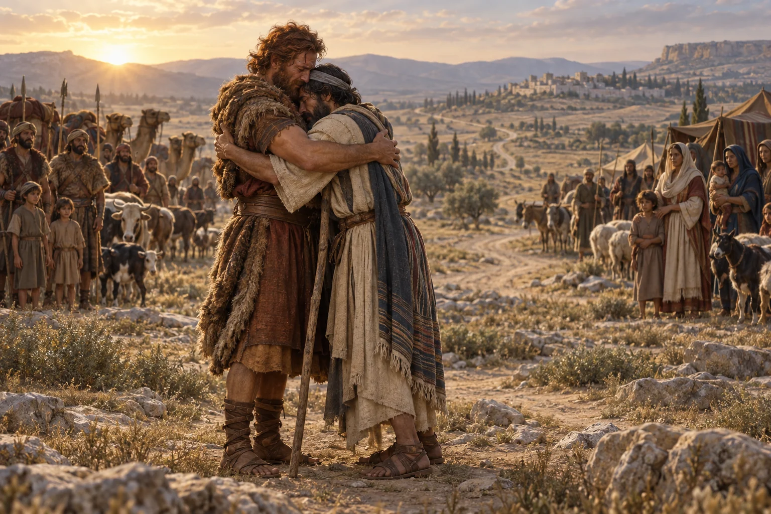 Jacob and Esau embrace between their waiting family camps and flocks on the road toward Shechem.