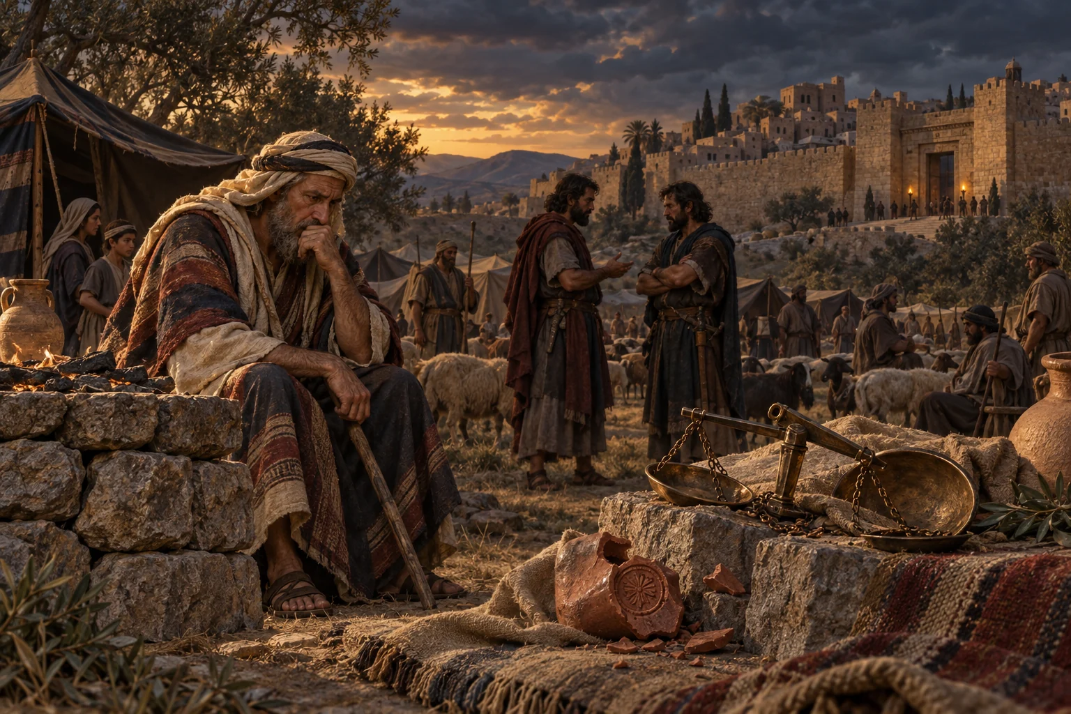 Jacob sits in troubled reflection outside Shechem while two sons confer near a broken seal and overturned scales.