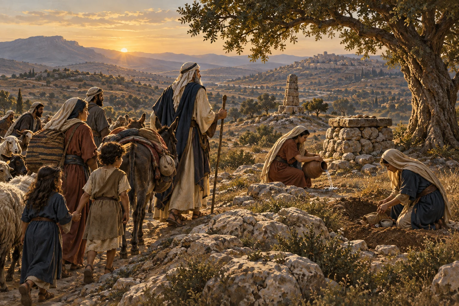 Jacob's household journeys toward Bethel as water is poured and old objects are buried beneath an oak near a stone altar.