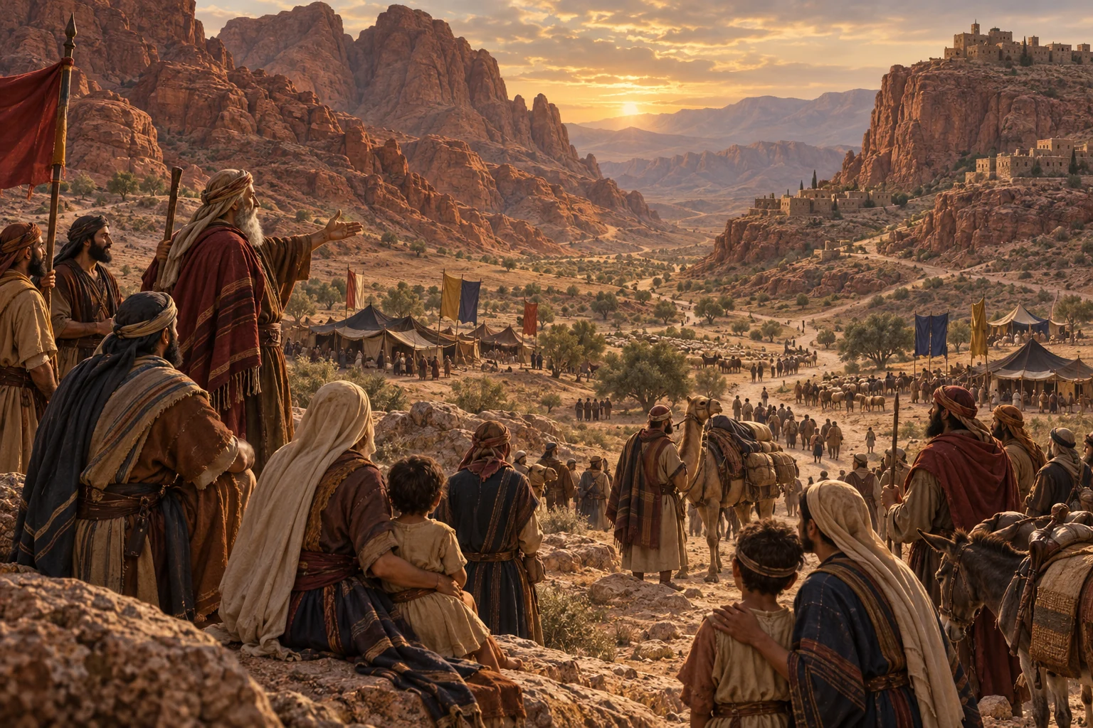 Edomite families and clan leaders gather with caravans among the red sandstone mountains of Seir.