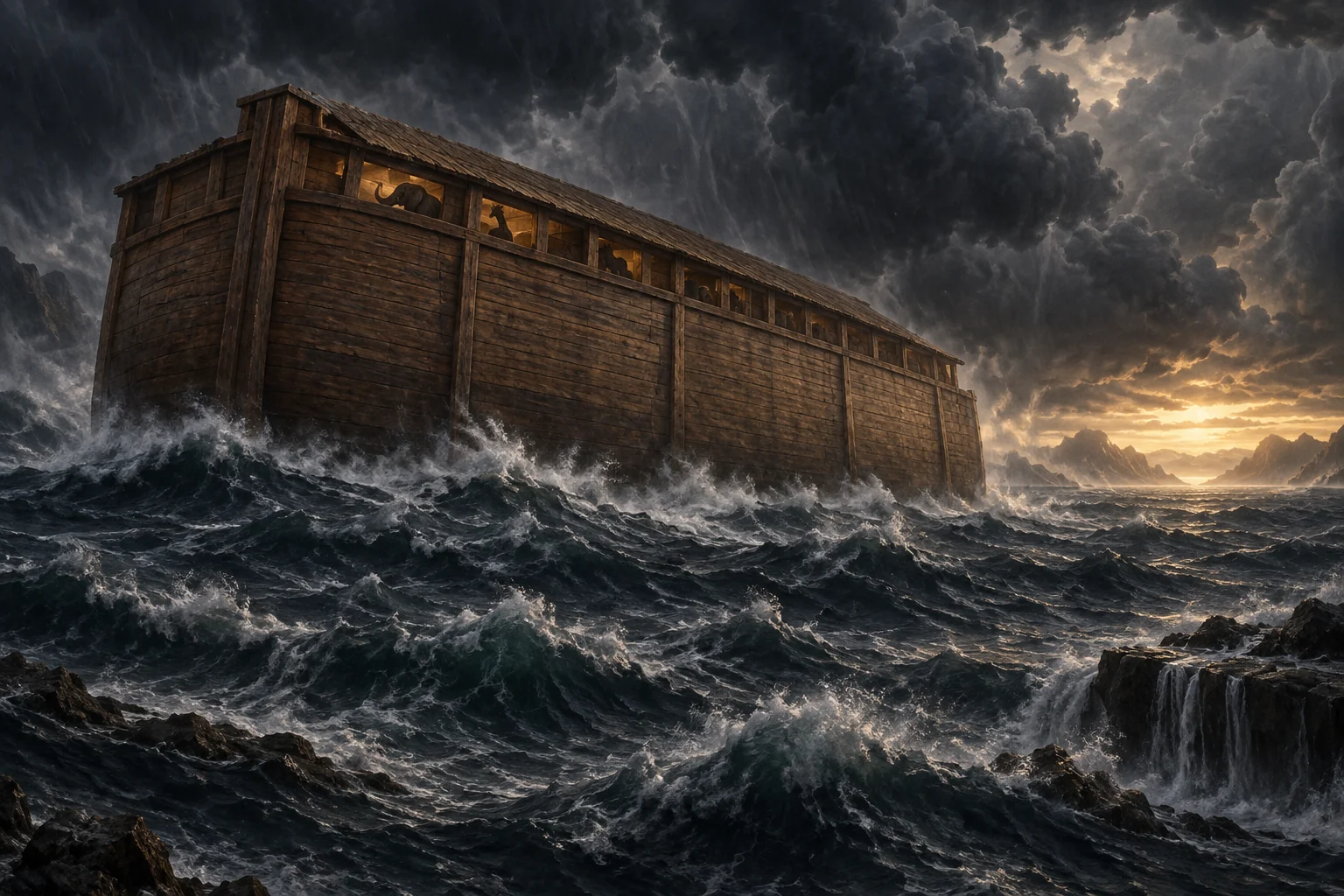 A massive timber ark rides dark floodwaters beneath a storm while animals shelter within its upper openings.