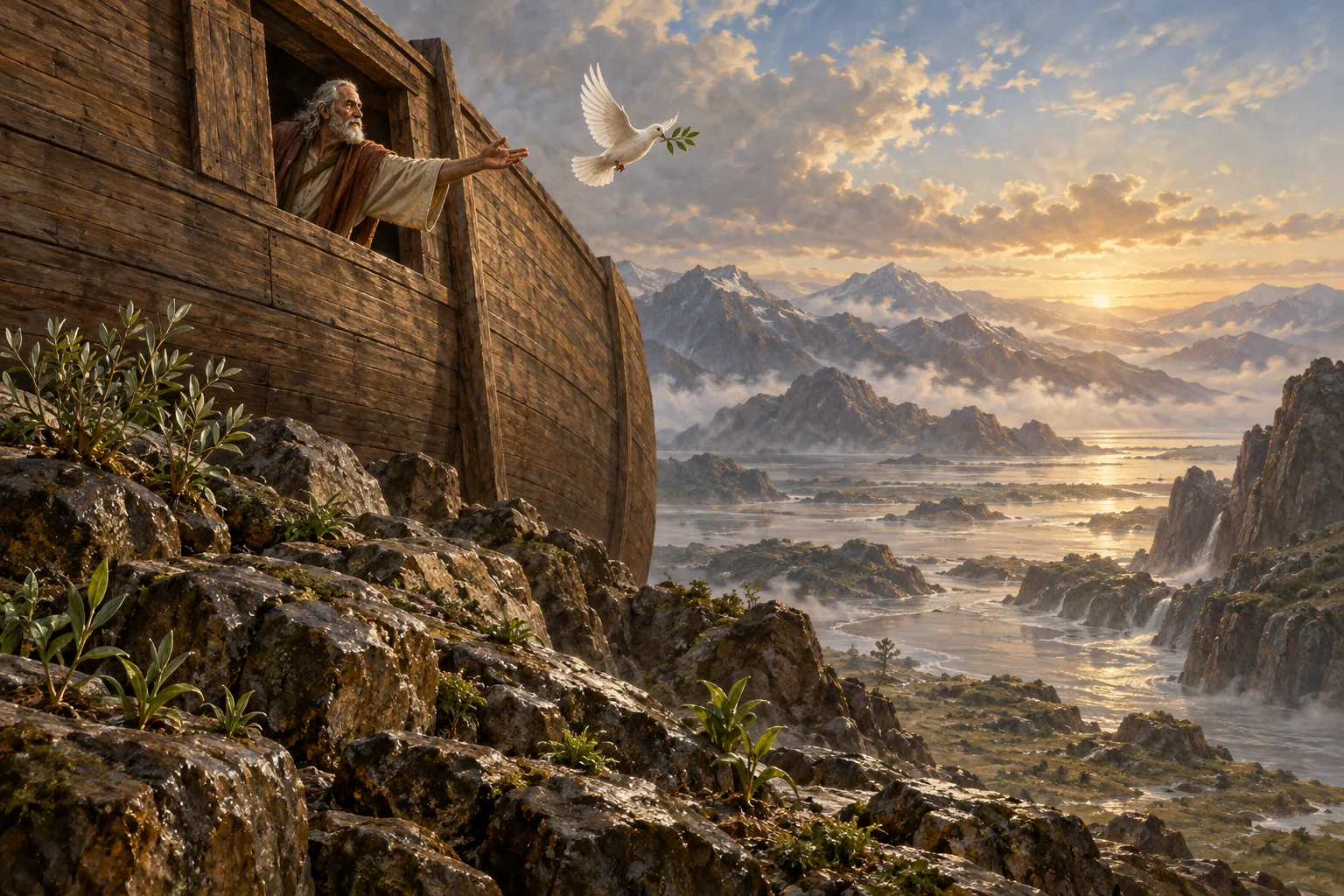Noah releases a dove bearing an olive sprig from the ark above receding mountain floodwaters.