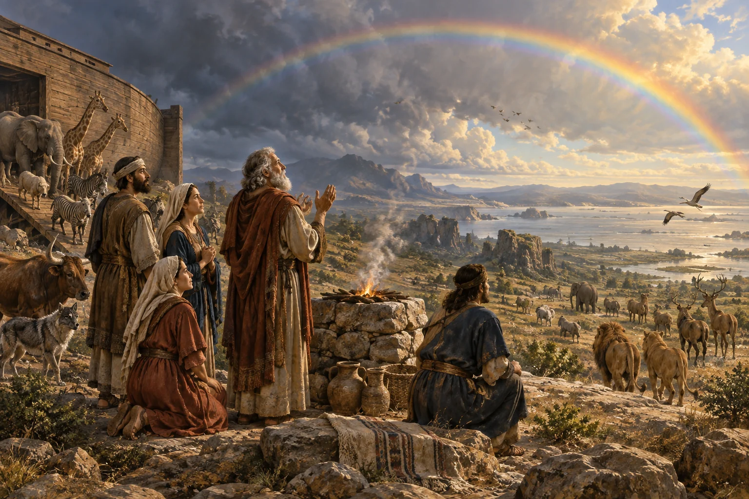 Noah's family gathers beside a stone altar as animals leave the ark beneath a rainbow.