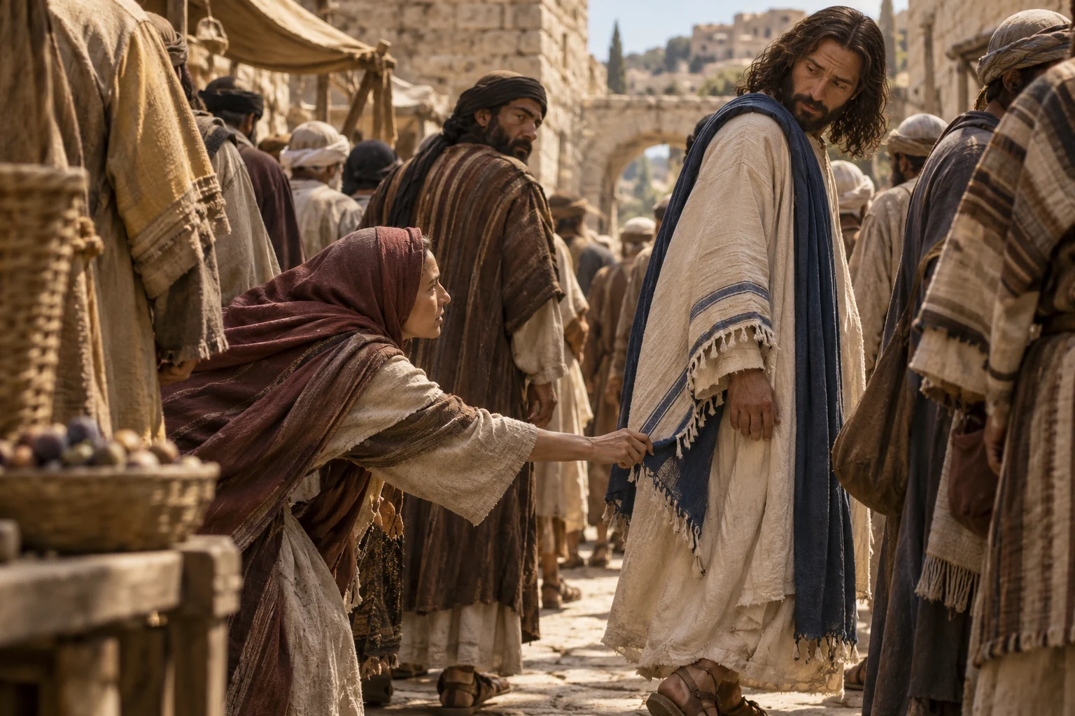 A woman reaches through a crowded street to touch the blue-fringed hem of Jesus' garment.