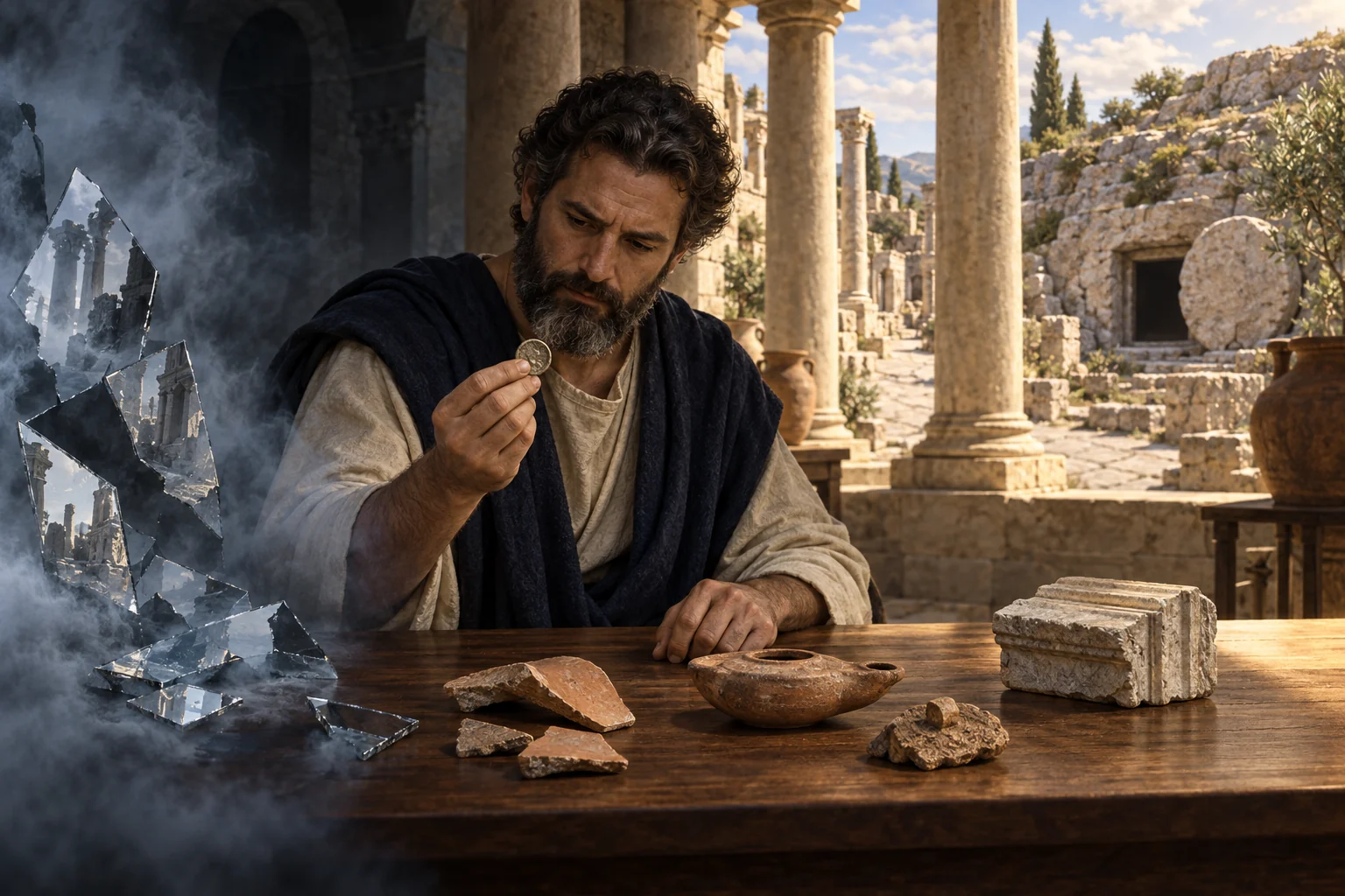A historian examines an ancient coin and artifacts beside fractured mirrors, ruins, and an open rock-cut tomb.