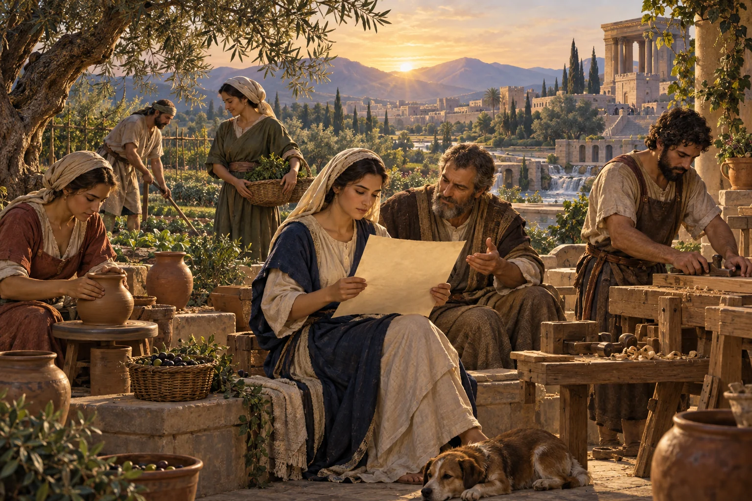 Men and women study, cultivate, craft pottery, and work wood together in an ancient garden city.
