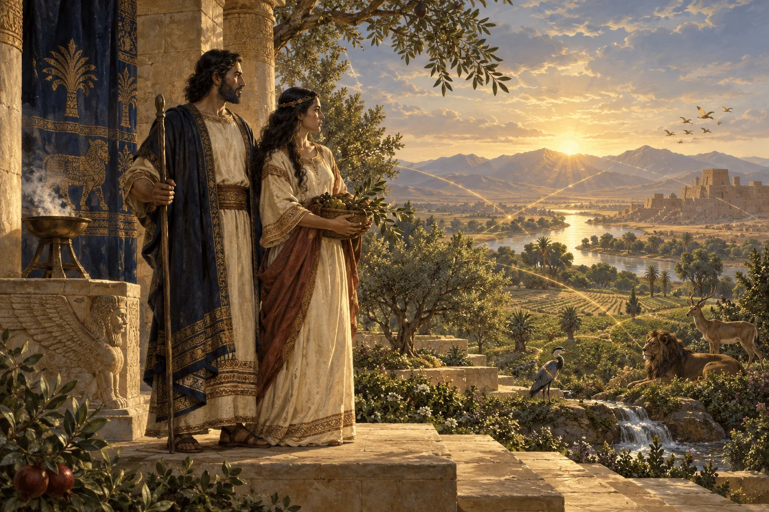 A man and woman stand at a sanctuary-garden threshold overlooking an ordered landscape filled with animals, fields, and a distant city.
