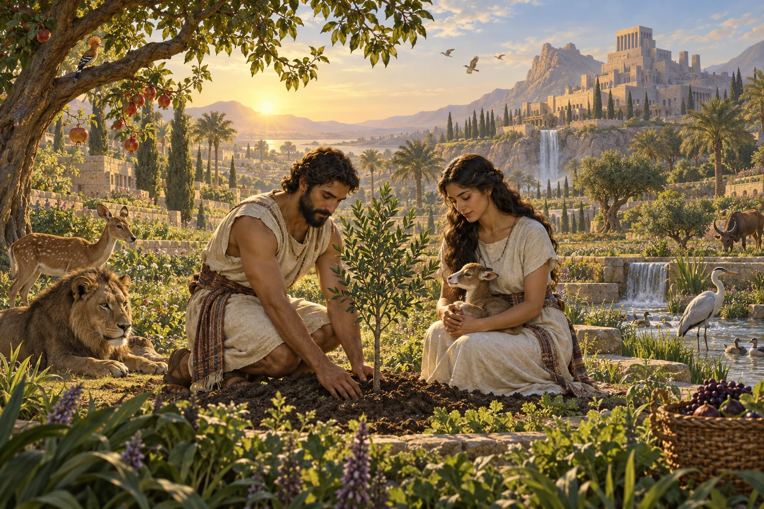 A man and woman tend a young tree and shelter an animal within an ordered ancient garden sanctuary.