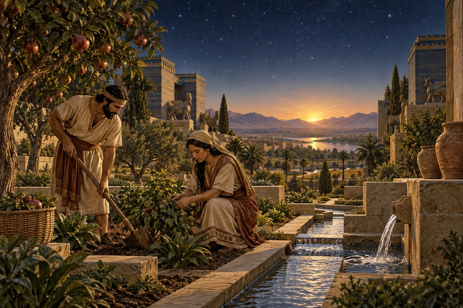 A man and woman cultivate an irrigated garden sanctuary beneath a star-filled dawn sky.