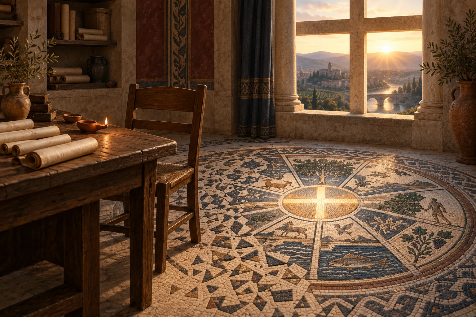 Blank scrolls and an empty chair overlook a mosaic whose fragmented creation motifs converge around a luminous cross.