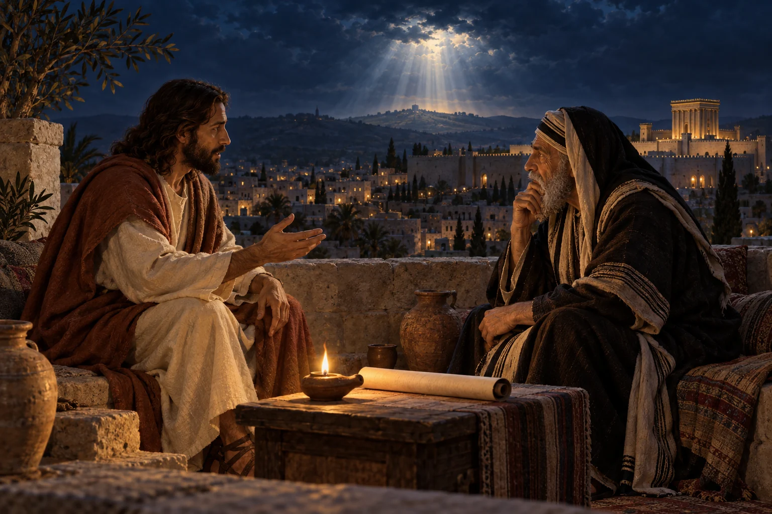 Jesus and an older Pharisaic teacher converse by lamplight on a Jerusalem rooftop beneath a breaking night sky.