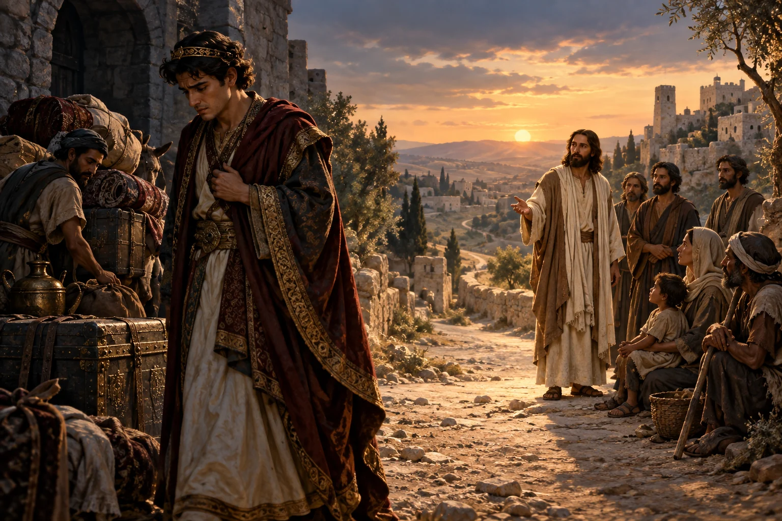 A wealthy young ruler turns sorrowfully beside laden goods while a Jewish teacher and disciples stand by an open road.