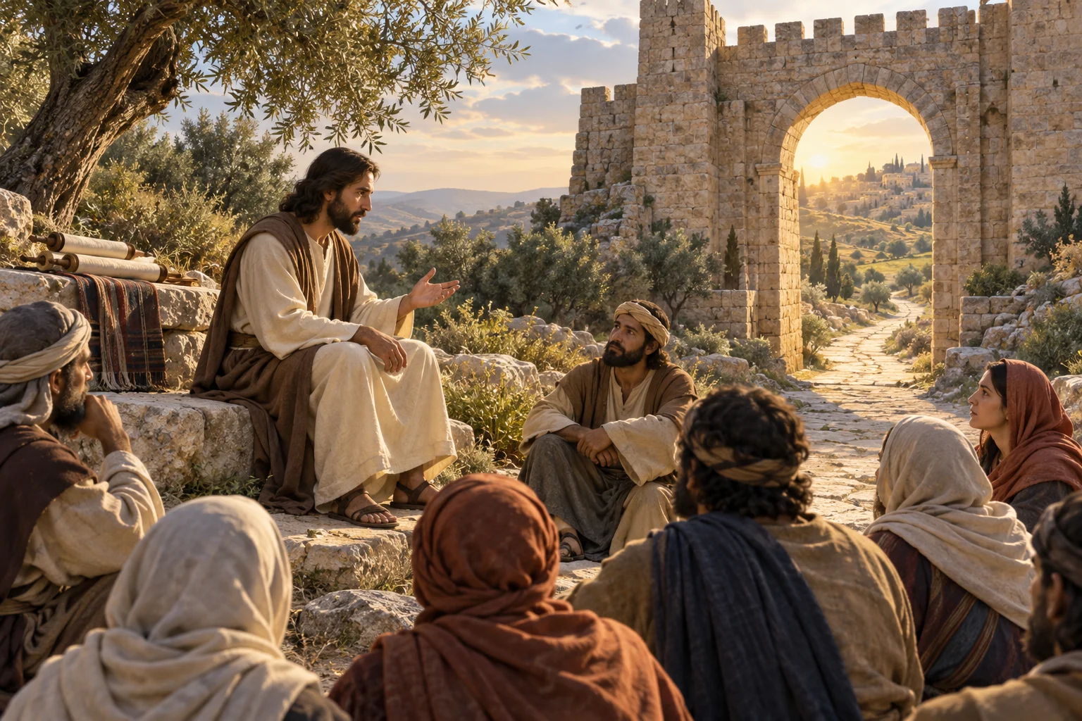 A Jewish teacher addresses listeners beside an intact stone gateway and a path leading toward a sunlit hill.