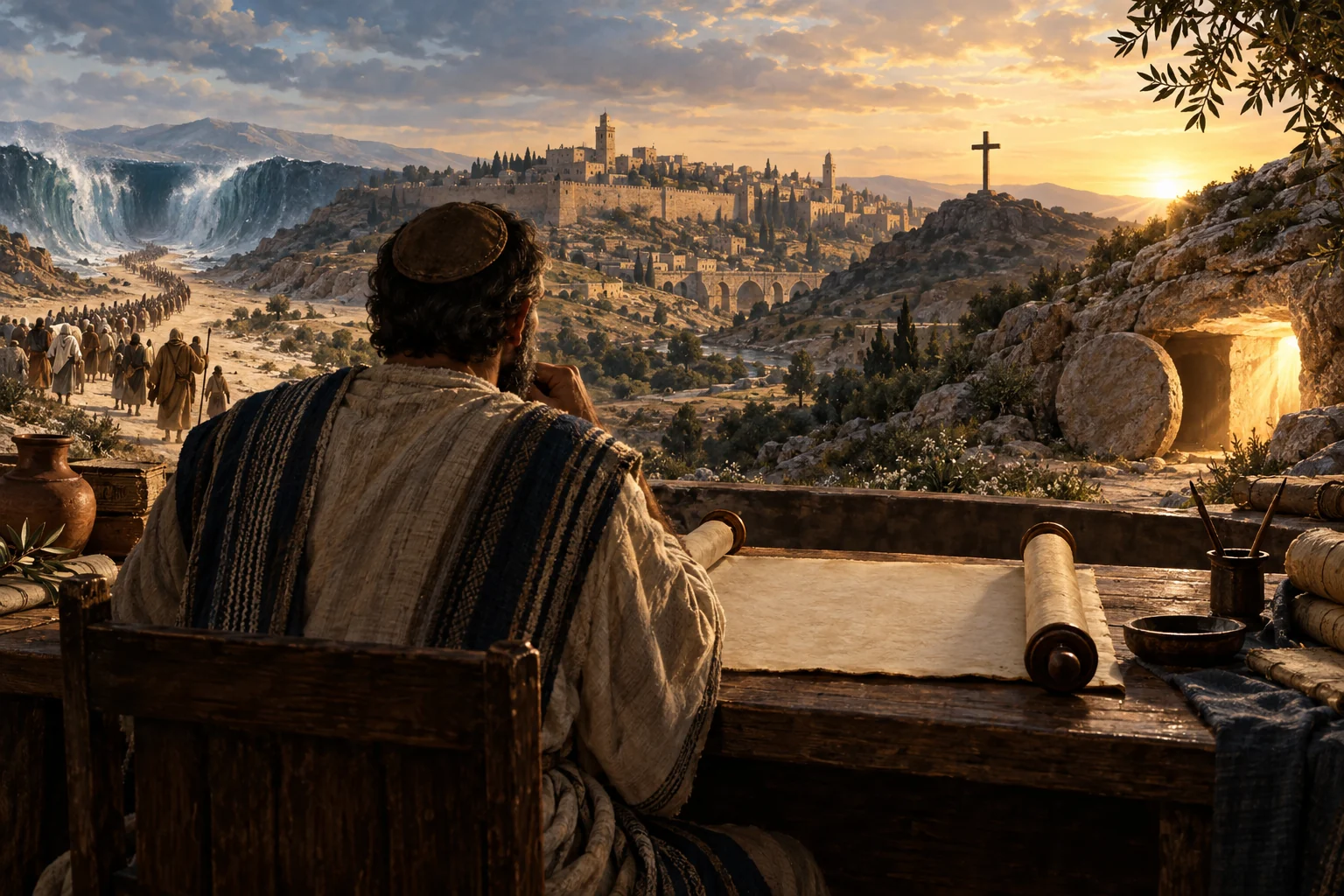 A Jewish scribe studies blank scrolls as exodus, Jerusalem, an empty cross, and an open tomb form a continuous landscape.