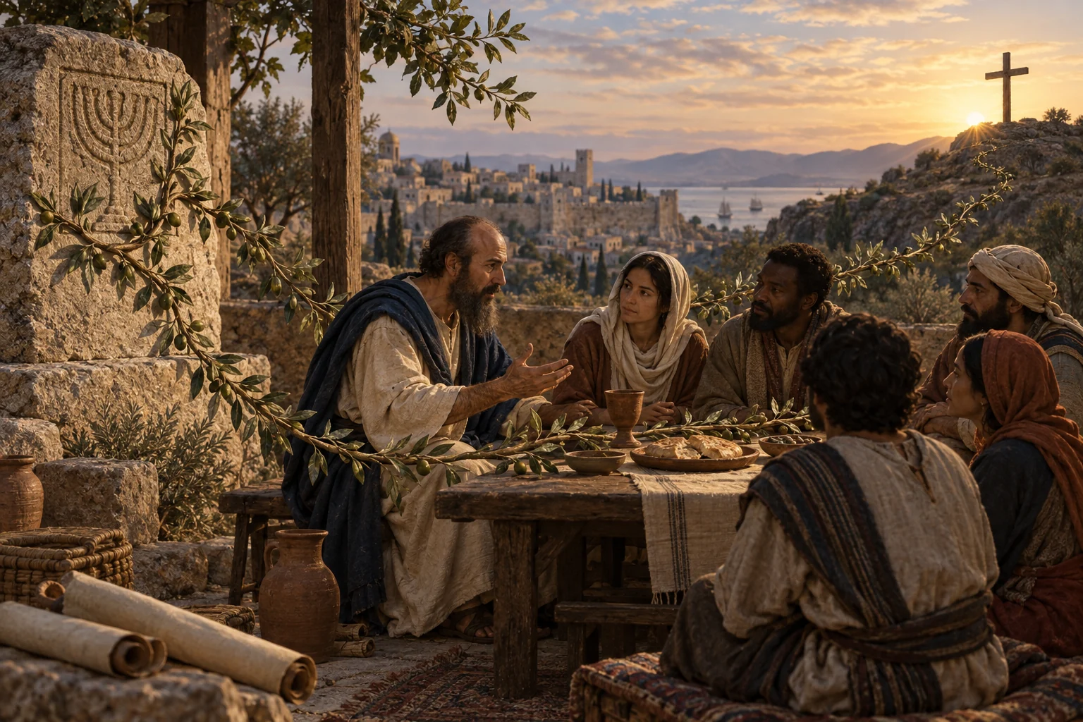 A first-century teacher and diverse community share bread and a cup as an olive vine leads toward an empty cross at dawn.