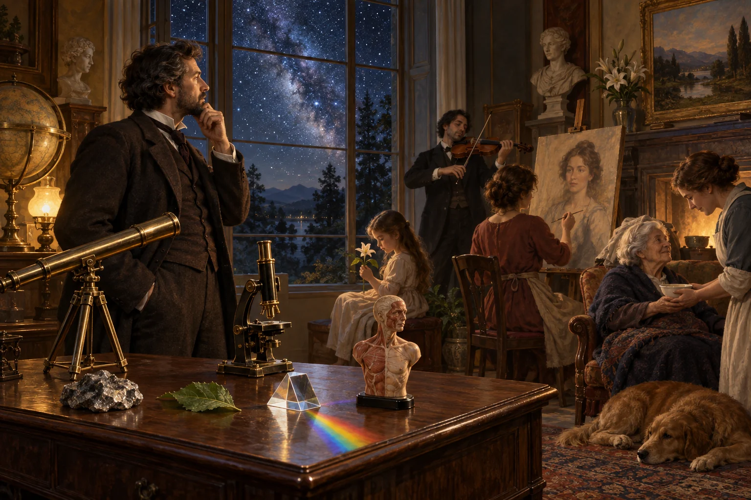 A scholar pauses between scientific instruments and scenes of music, art, curiosity, and compassionate care.