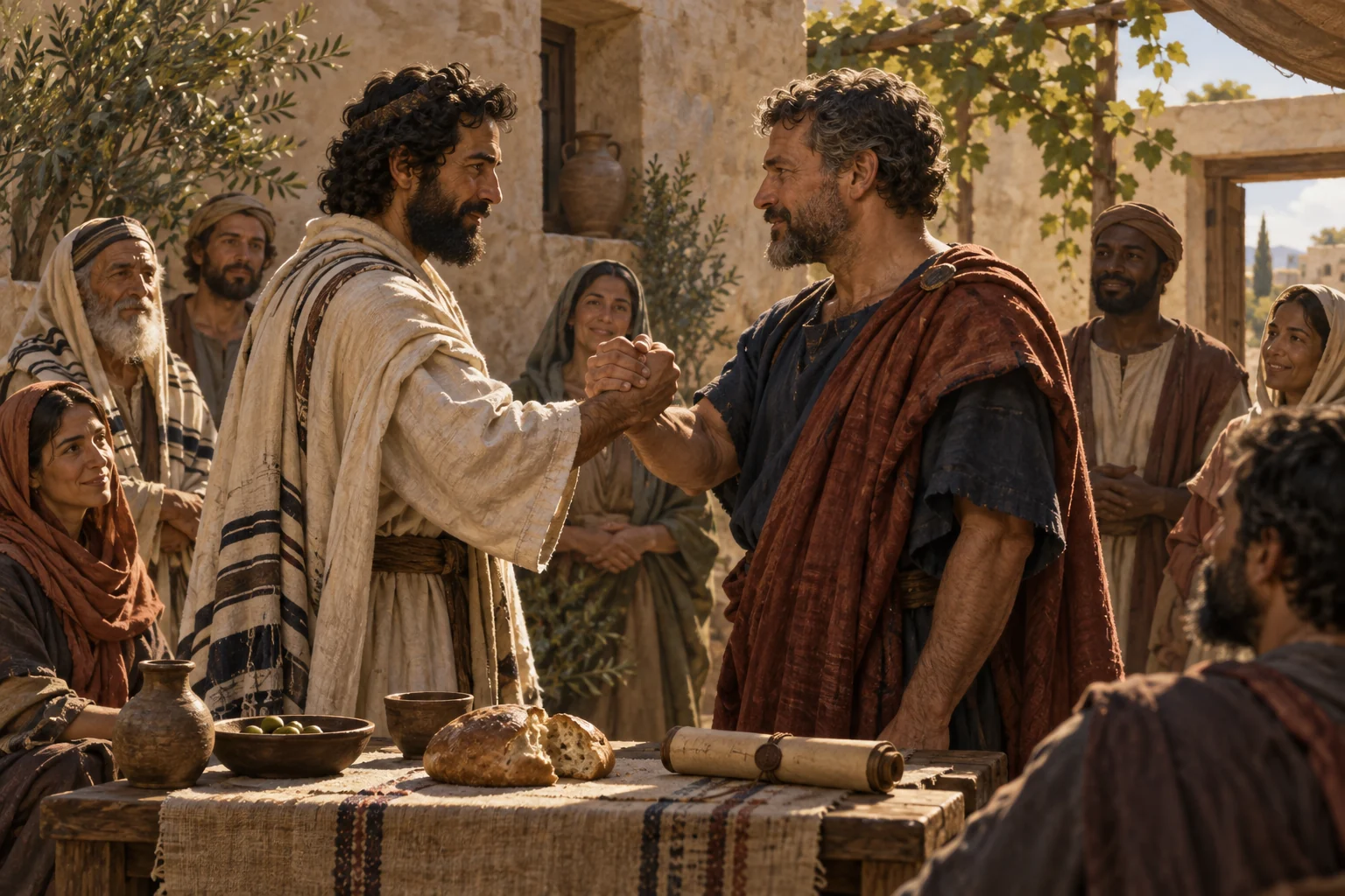 Two first-century men clasp forearms in a solemn pledge before a gathered community, bread, and a blank scroll.