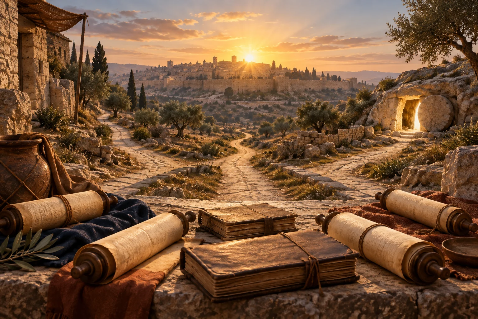 Blank scrolls and codices overlook converging roads toward Jerusalem and an open rock-cut tomb at sunrise.