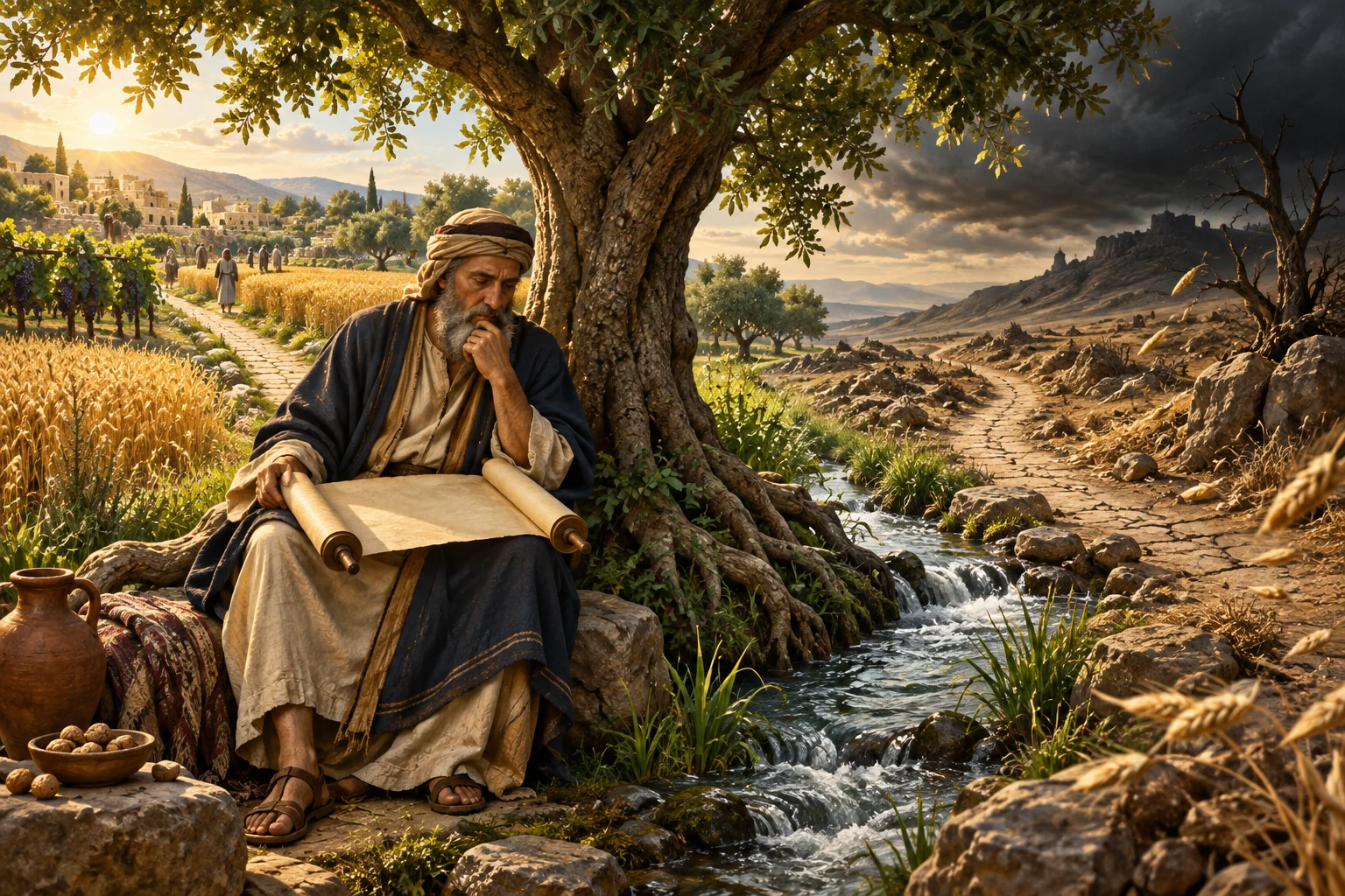 An Israelite sage meditates on a blank scroll beneath a fruitful tree beside water where fertile and barren paths diverge.