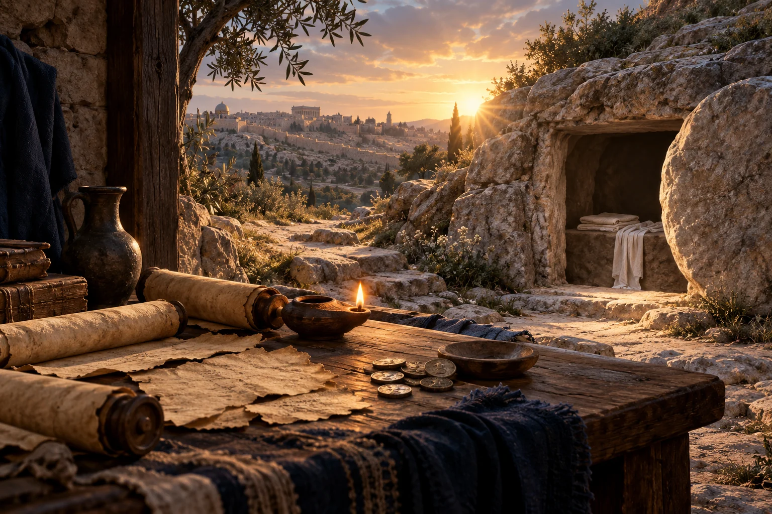 Unmarked scrolls, coins, and an oil lamp lie before an empty Judean rock-cut tomb at dawn.