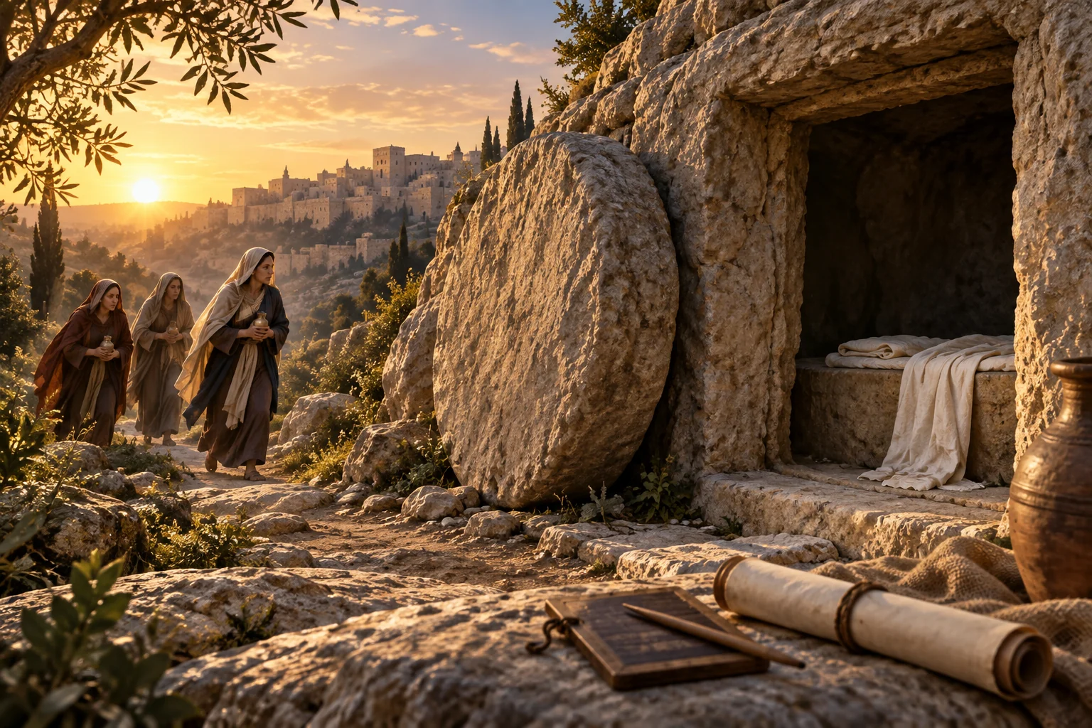Three women approach an open rock-cut tomb at dawn, where folded burial cloths lie inside.