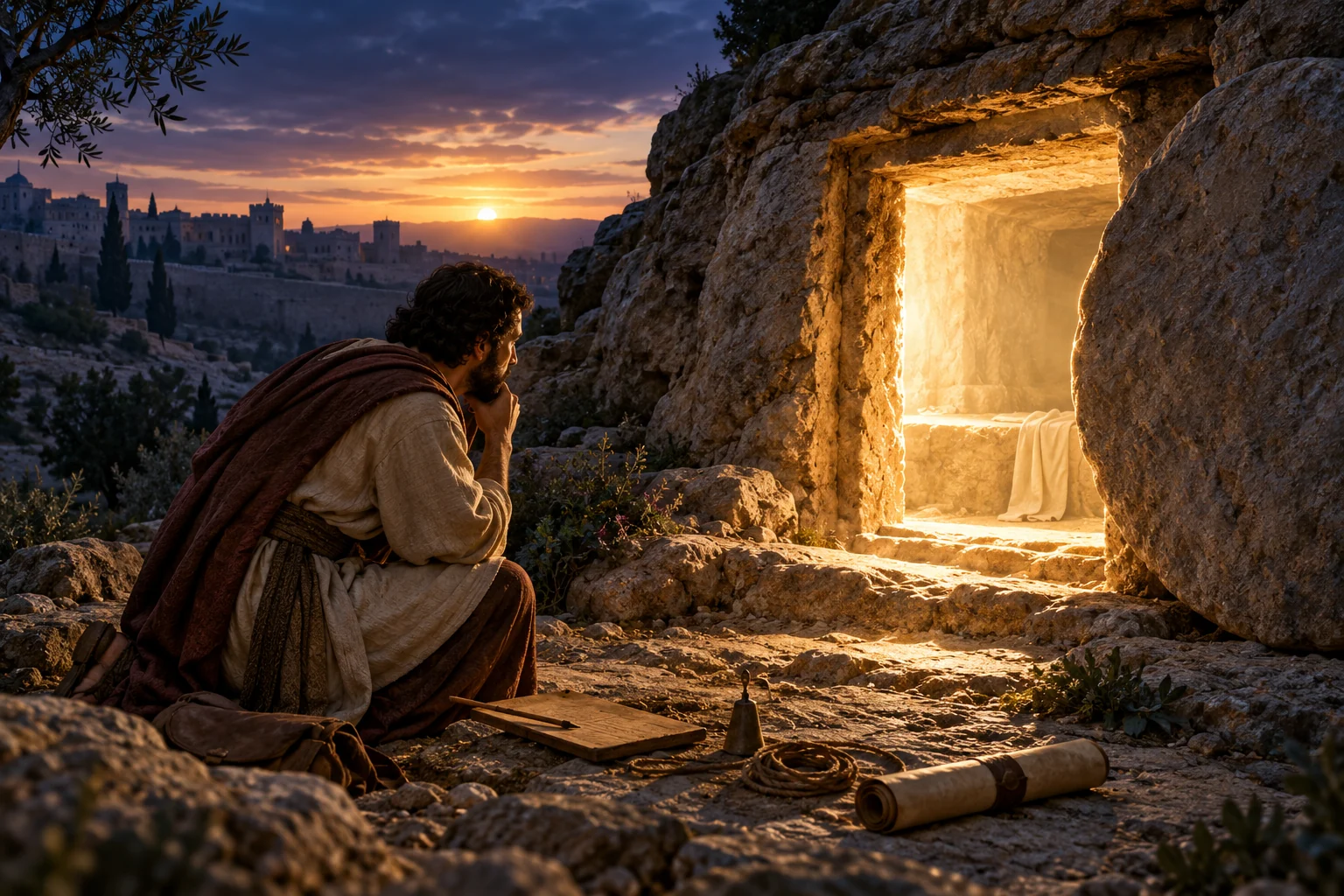 An ancient scribe examines an open rock-cut tomb at dawn beside a blank tablet, scroll, and measuring cord.