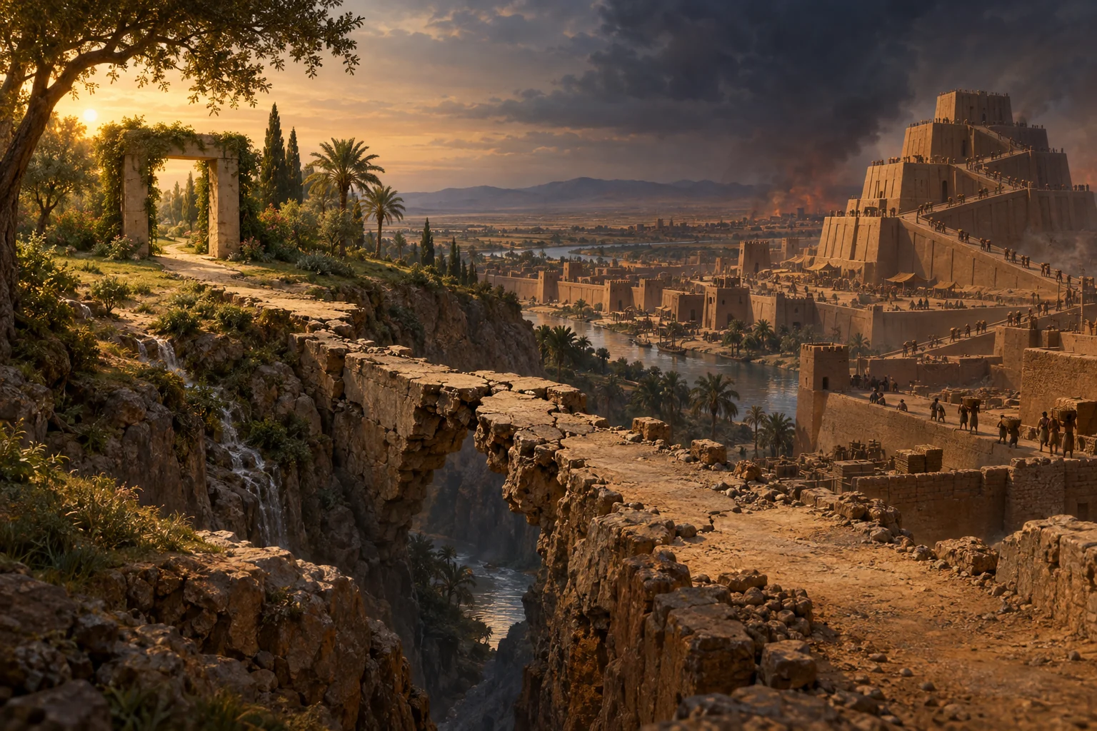 A broken path divides a garden sanctuary from a vast mud-brick ziggurat city across a river plain.