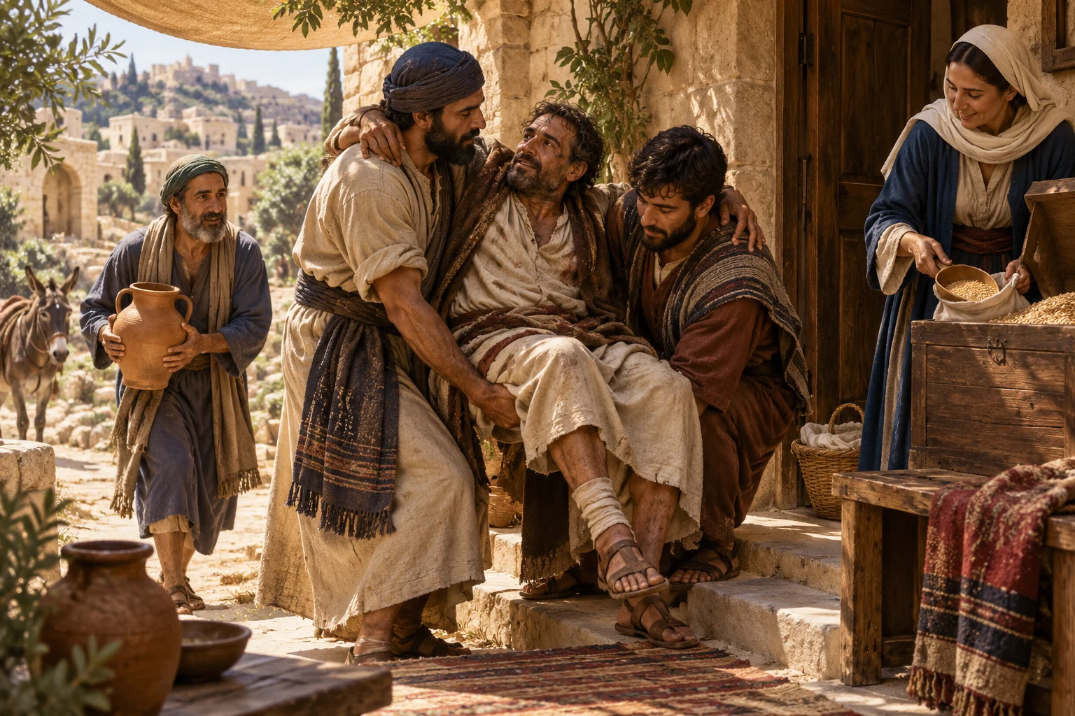 Neighbors carry an injured traveler into a shaded courtyard while others bring water and open a community grain chest.