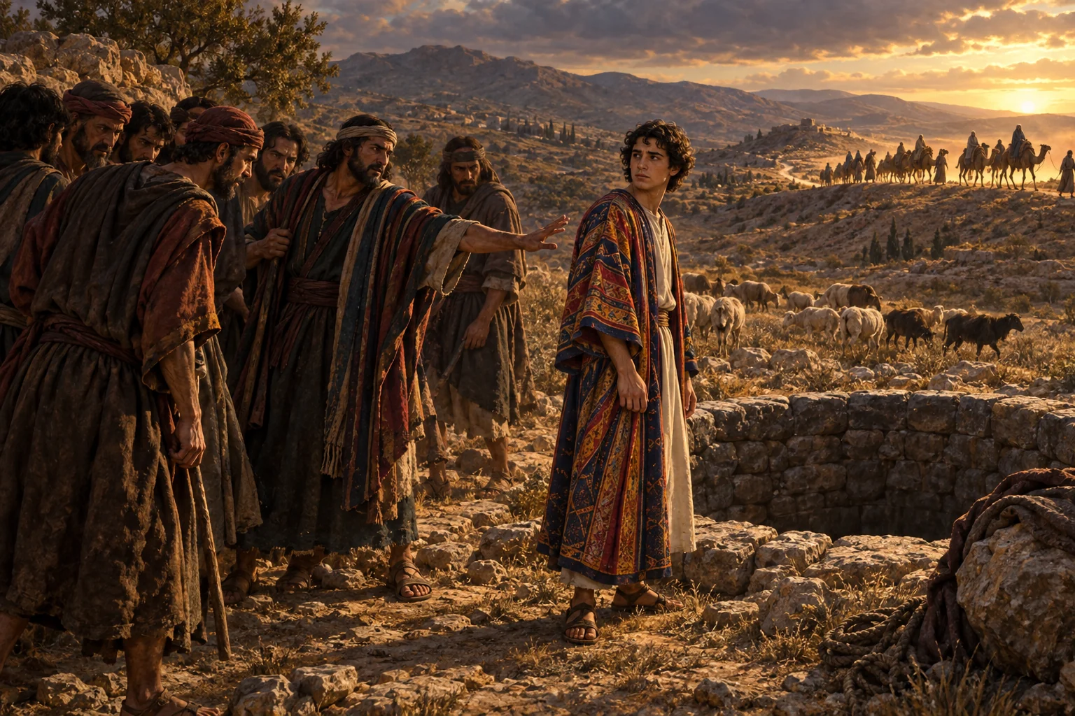 Joseph stands beside a dry cistern as conflicted brothers confer and a merchant caravan approaches across the Canaanite hills.