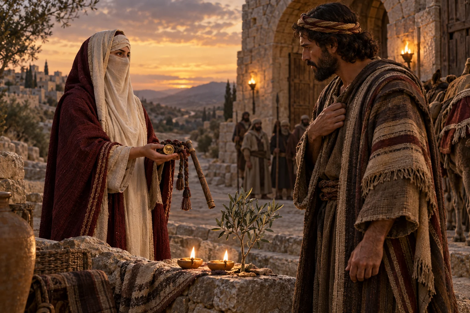 Tamar presents Judah's signet, cord, and staff beside twin lamps and a young olive tree at a village gate.