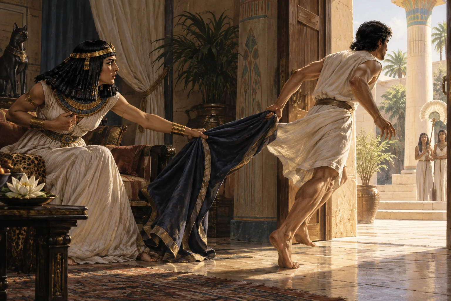 Joseph flees an Egyptian household while a noblewoman grips his abandoned outer cloak.