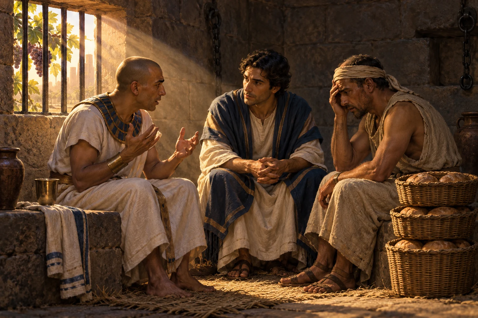 Joseph listens to Pharaoh's cupbearer and baker in prison beside a grapevine, cup, and bread baskets.